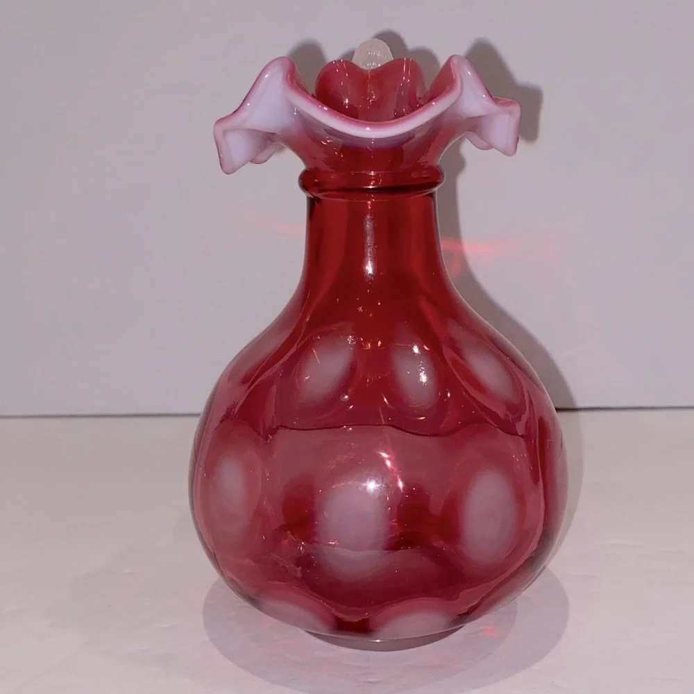 Fenton Cranberry Opalescent Optic Thumbprint Pitcher/Cruet With Applied Handle - Picture 6 of 9